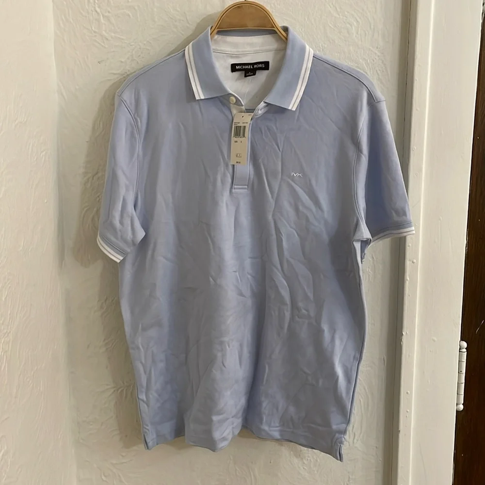 MICHAEL KORS Men's Tipped Texture Modern Fit Polo Shirt Size S In Dusty Sky - Picture 2 of 7